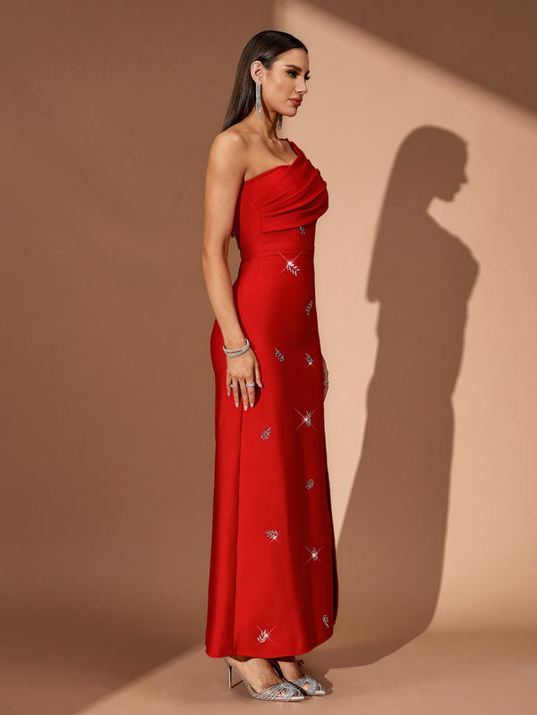 One Shoulder Crystal Pleated Bandage Dress
