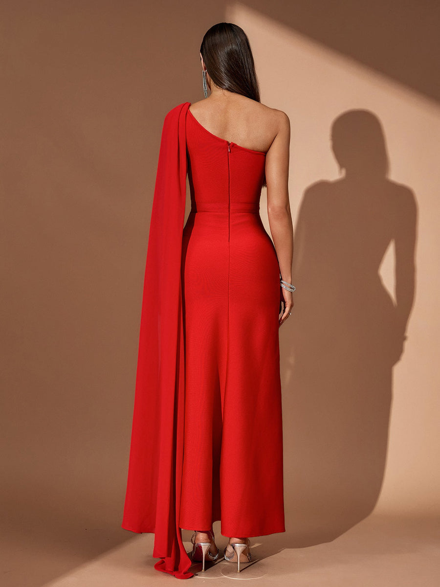 One Shoulder Crystal Pleated Bandage Dress