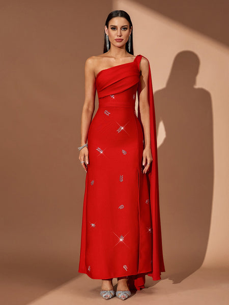 One Shoulder Crystal Pleated Bandage Dress