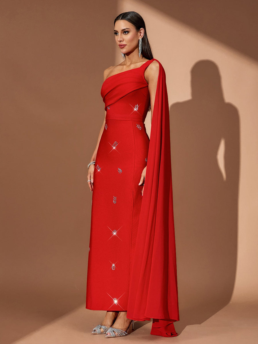 One Shoulder Crystal Pleated Bandage Dress