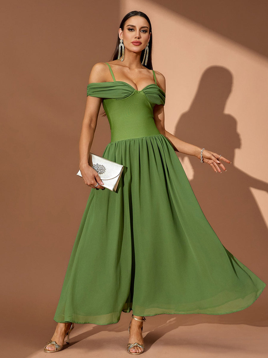 Off Shoulder Ruffle Draped Maxi Dress