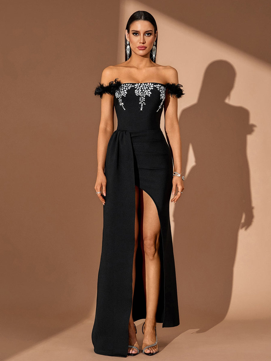 Elegant Crystal Floral Draped Maxi Dress