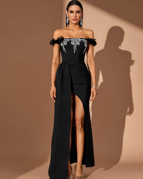 Elegant Crystal Floral Draped Maxi Dress