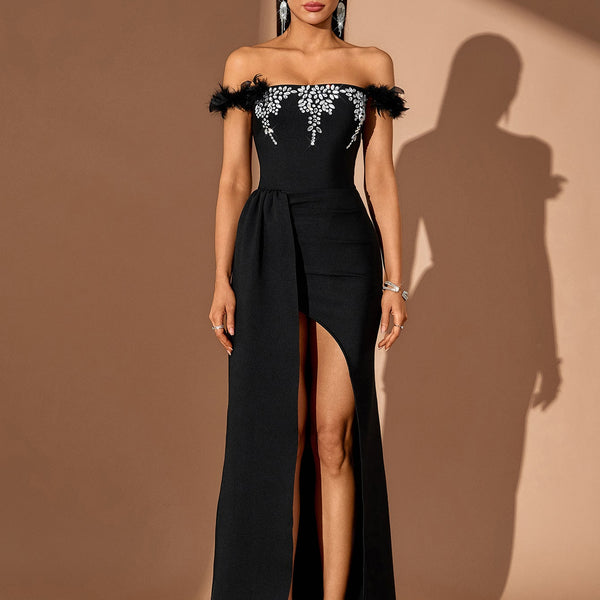 Elegant Crystal Floral Draped Maxi Dress