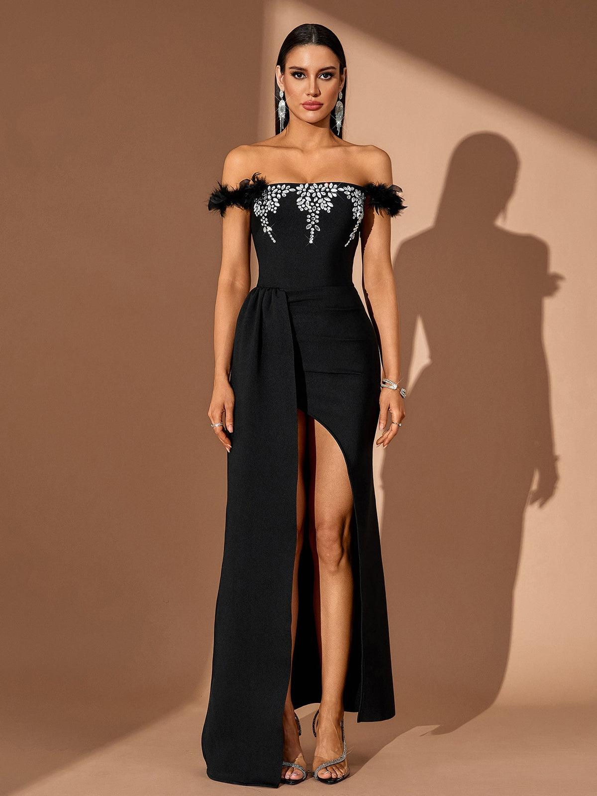 Guinevere Fontaine — Elegant Crystal Floral Draped Maxi Dress
