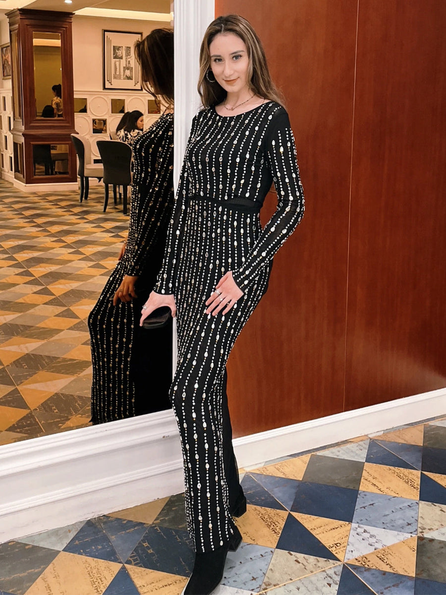 Tahlia Moreau — Sparkly Rhinestone Skinny Bandage Set Maxi Dress