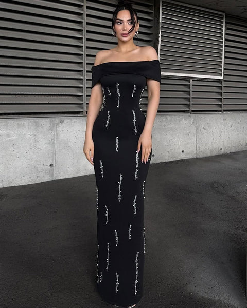 Off Shoulder Pearl Bandage Maxi Dress