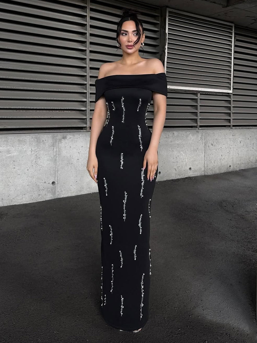 Yasmina Moreau — Off Shoulder Pearl Bandage Maxi Dress
