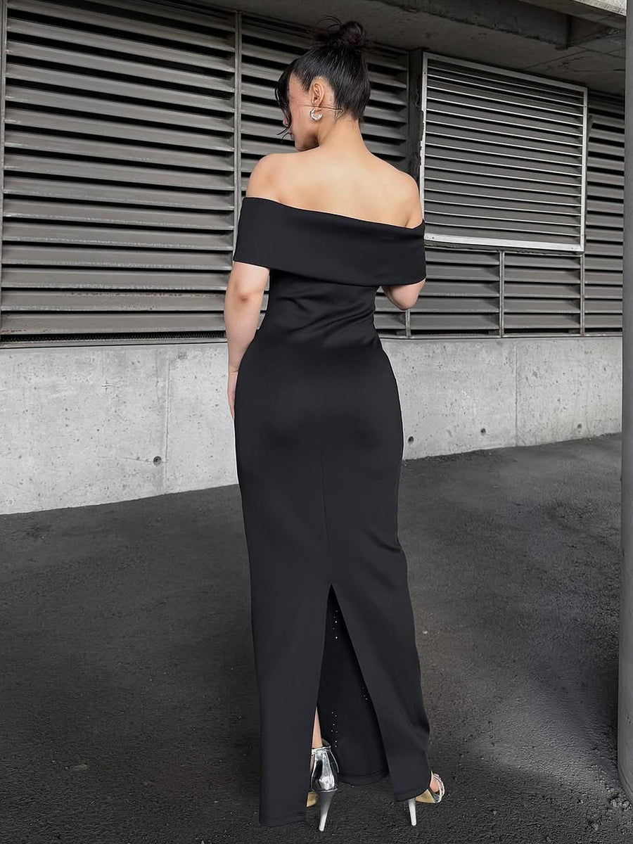 Schulterfreies Maxi-Kleid mit Perlenverzierung