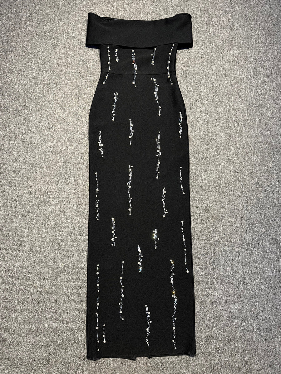 Schulterfreies Maxi-Kleid mit Perlenverzierung