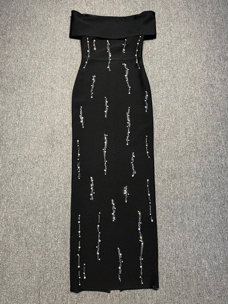 Schulterfreies Maxi-Kleid mit Perlenverzierung
