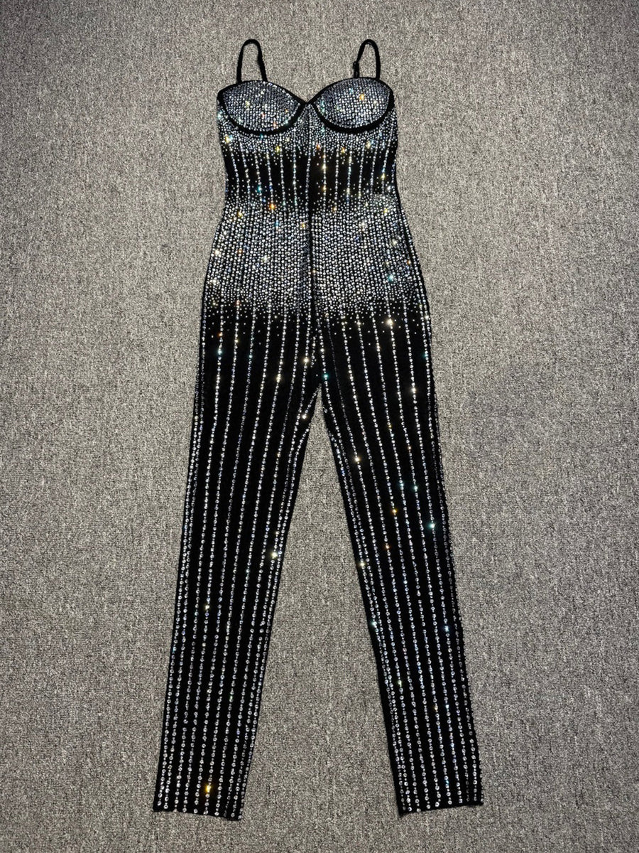 Sexy Rhinestone Backless Gauze Jumpsuit