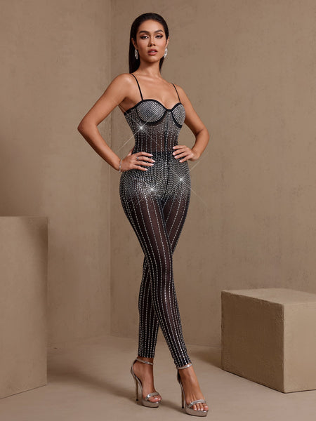 Sexy Corset Rhinestone Gauze Jumpsuit