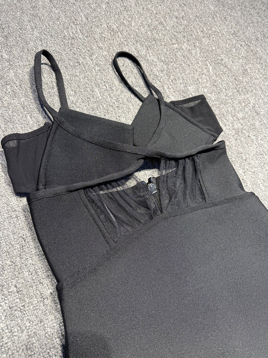 High Waist Mesh Cutout Bandage Dress