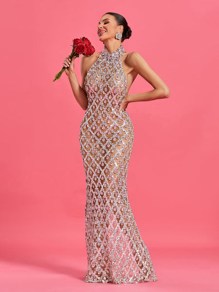 Glamorous evening dress with sparkling crystals and hollow diamond design