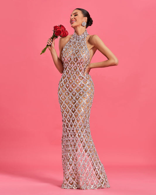 Glamorous evening dress with sparkling crystals and hollow diamond design