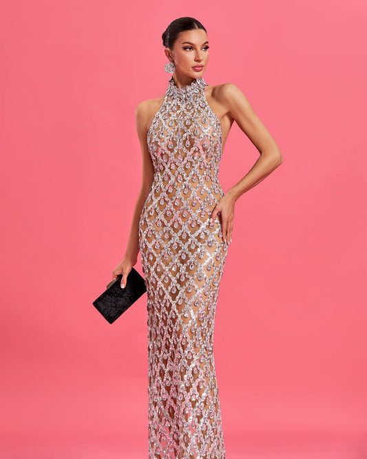 Sparkly Crystal Rhombi Hollowout Evening Gown - Opulent Empire