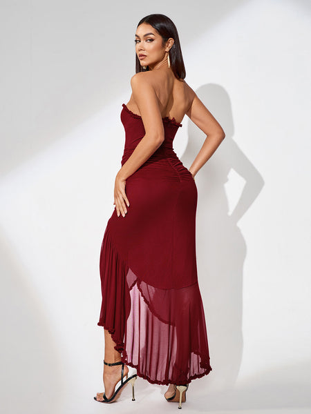 Strapless mesh dress with ruffled front