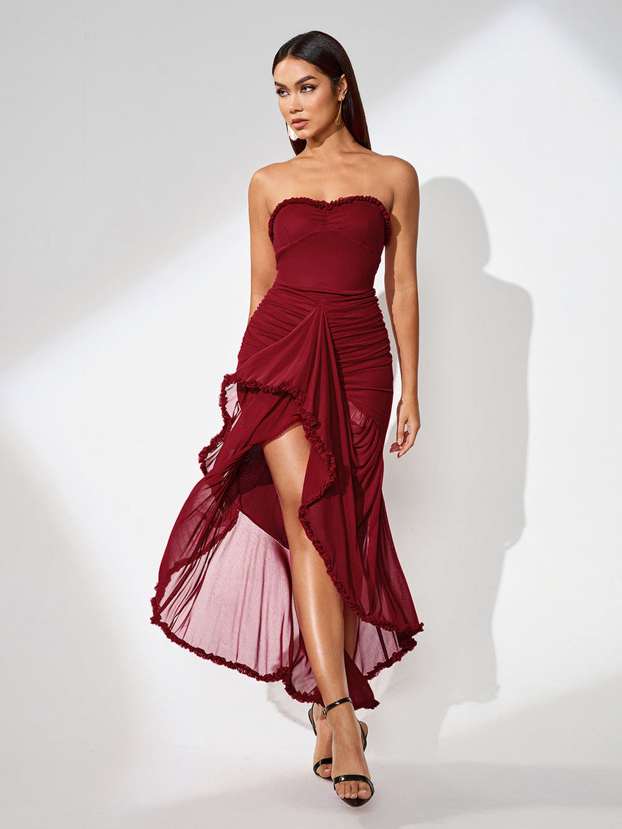 Strapless mesh dress with ruffled front