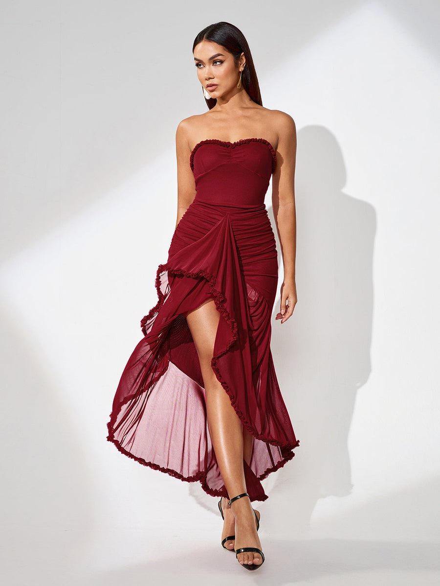 Aster Duvall — Strapless mesh dress with ruffled front