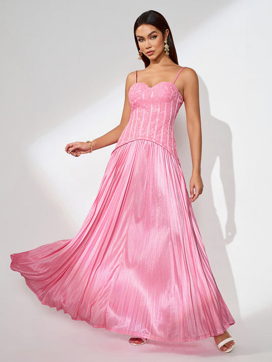 Maxi Lace Dress with Pleats and Back Opening