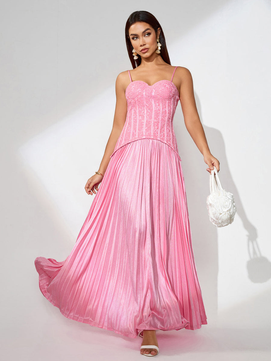 Maxi Lace Dress with Pleats and Back Opening