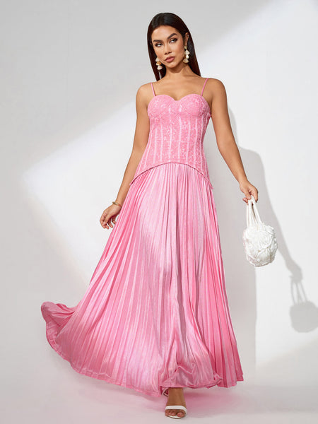 Maxi Lace Dress with Pleats and Back Opening
