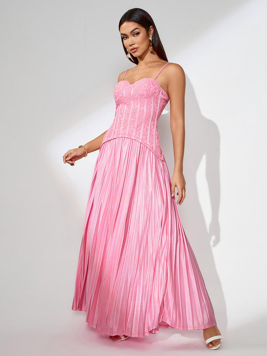 Maxi Lace Dress with Pleats and Back Opening