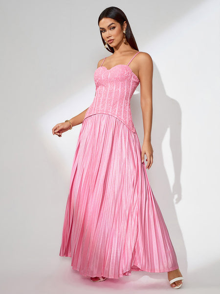 Maxi Lace Dress with Pleats and Back Opening