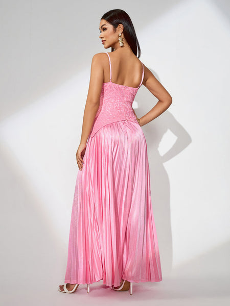 Maxi Lace Dress with Pleats and Back Opening