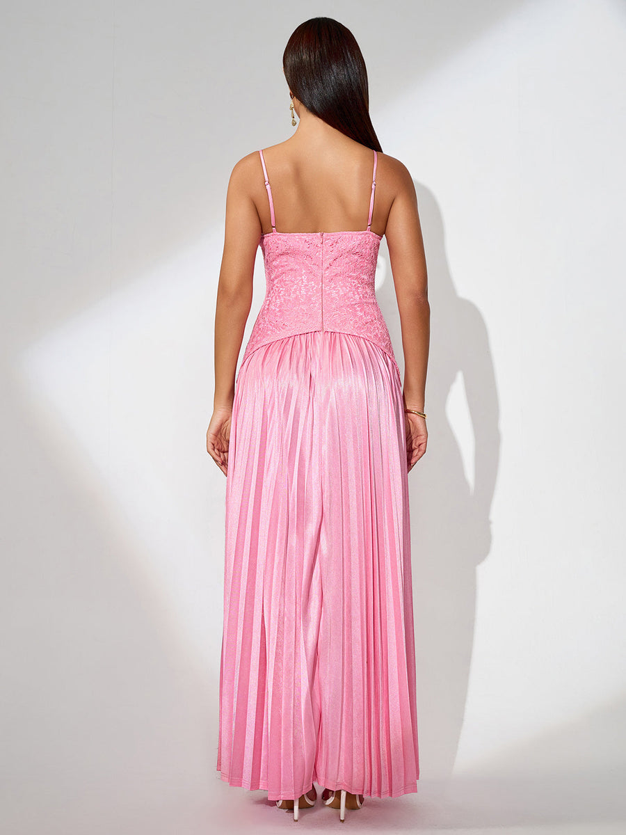 Maxi Lace Dress with Pleats and Back Opening