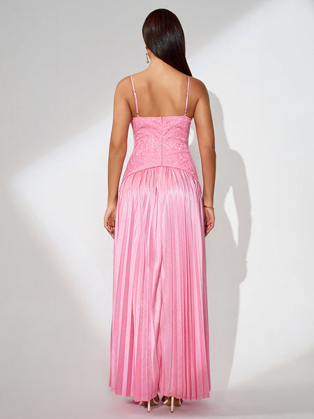 Maxi Lace Dress with Pleats and Back Opening