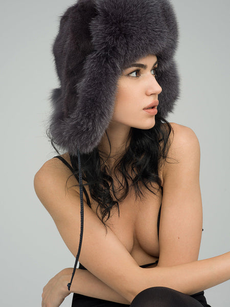 Gray Genuine Arctic Fox and Mink Fur Hat-1