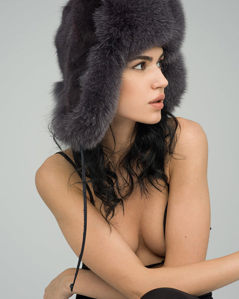 Gray Genuine Arctic Fox and Mink Fur Hat-1