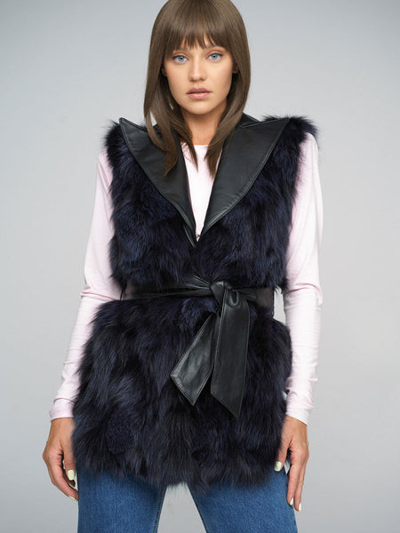 Purple Genuine Fox Fur Vest with Leather Belt-0