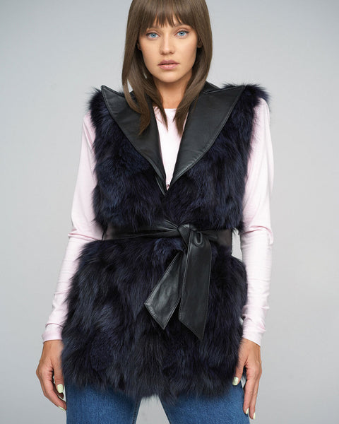 Purple Genuine Fox Fur Vest with Leather Belt-0