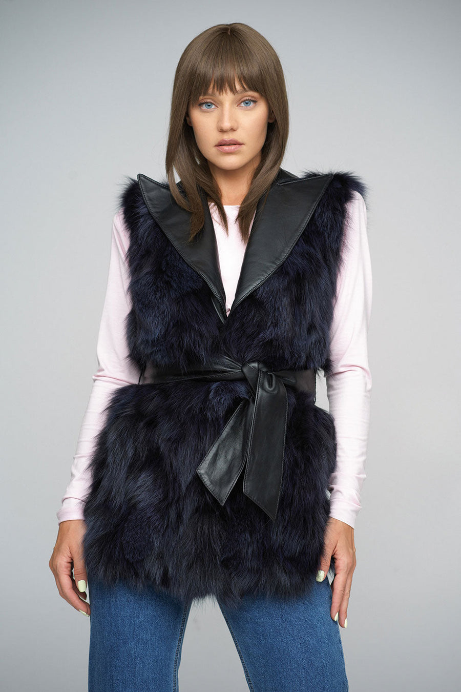 Jocelyn Rivière — Purple Genuine Fox Fur Vest with Leather Belt Purple Women's Coat or Jacket