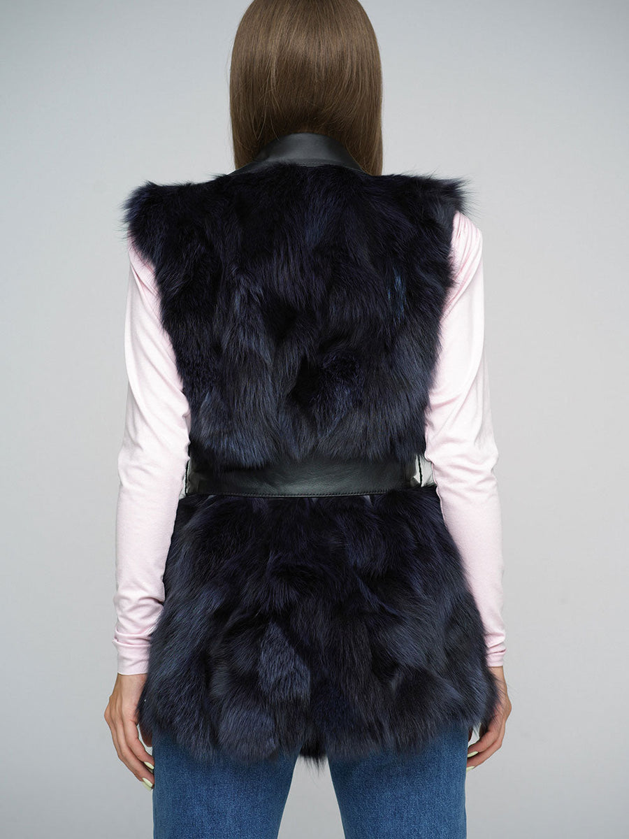 Purple Genuine Fox Fur Vest with Leather Belt-1