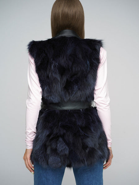Purple Genuine Fox Fur Vest with Leather Belt-1