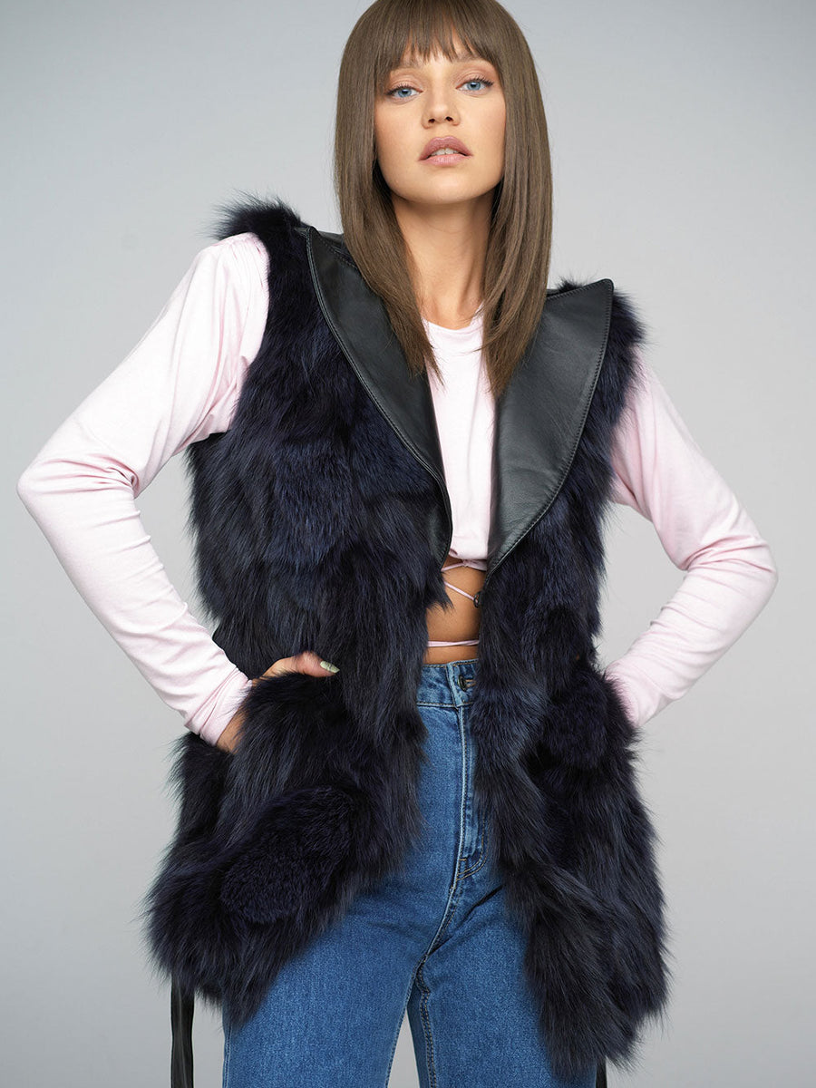 Purple Genuine Fox Fur Vest with Leather Belt-2