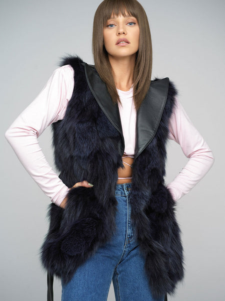 Purple Genuine Fox Fur Vest with Leather Belt-2