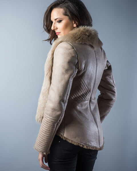 Beige Lamb Nappa Leather Jacket with Merino Fur Collar-1