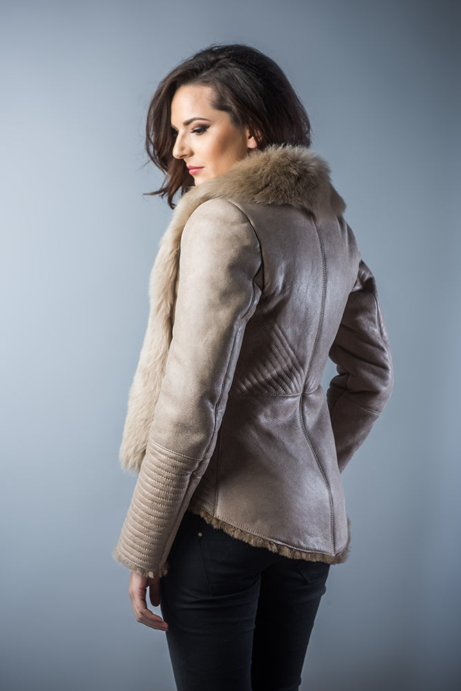 Sidonie Beaumont — Beige Lamb Nappa Leather Jacket with Merino Fur Collar, alternate view 2