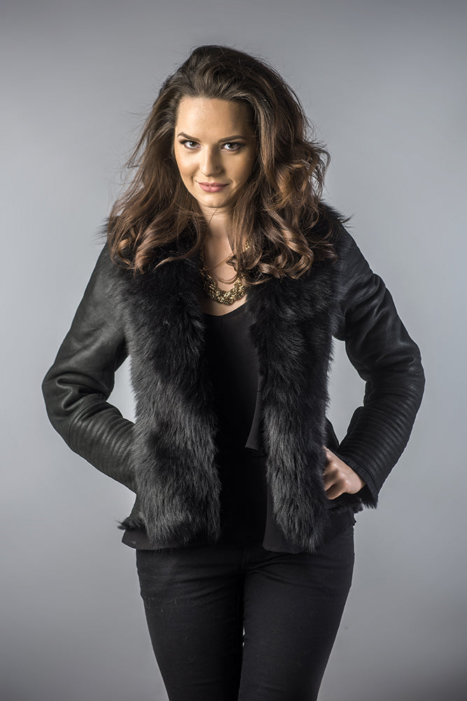 Juliska — Black Lamb Nappa Leather Jacket with Merino Fur Collar