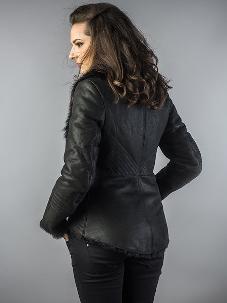 Black Lamb Nappa Leather Jacket with Merino Fur Collar-2