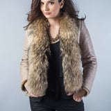 Beige Merino Shearling Jacket with Racoon Fur Collar-0