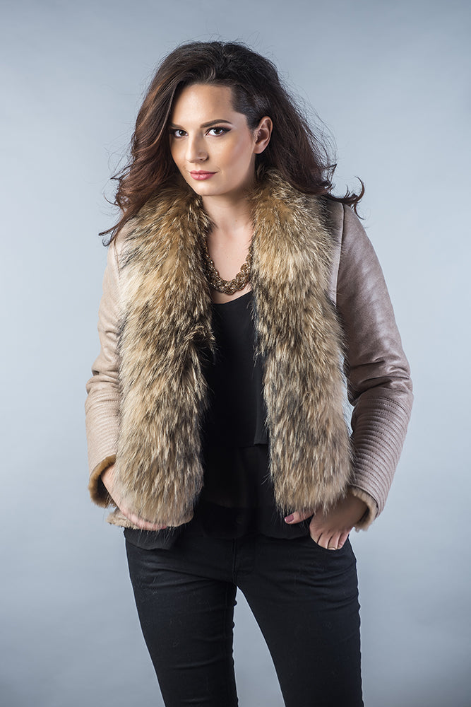 Floriane — Beige Merino Shearling Jacket with Racoon Fur Collar