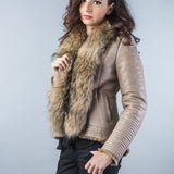 Beige Merino Shearling Jacket with Racoon Fur Collar-1