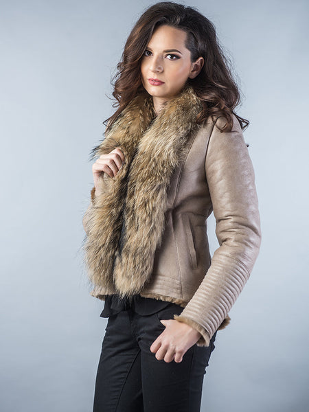 Beige Merino Shearling Jacket with Racoon Fur Collar-1