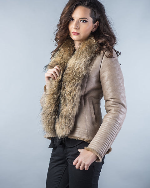 Beige Merino Shearling Jacket with Racoon Fur Collar-1